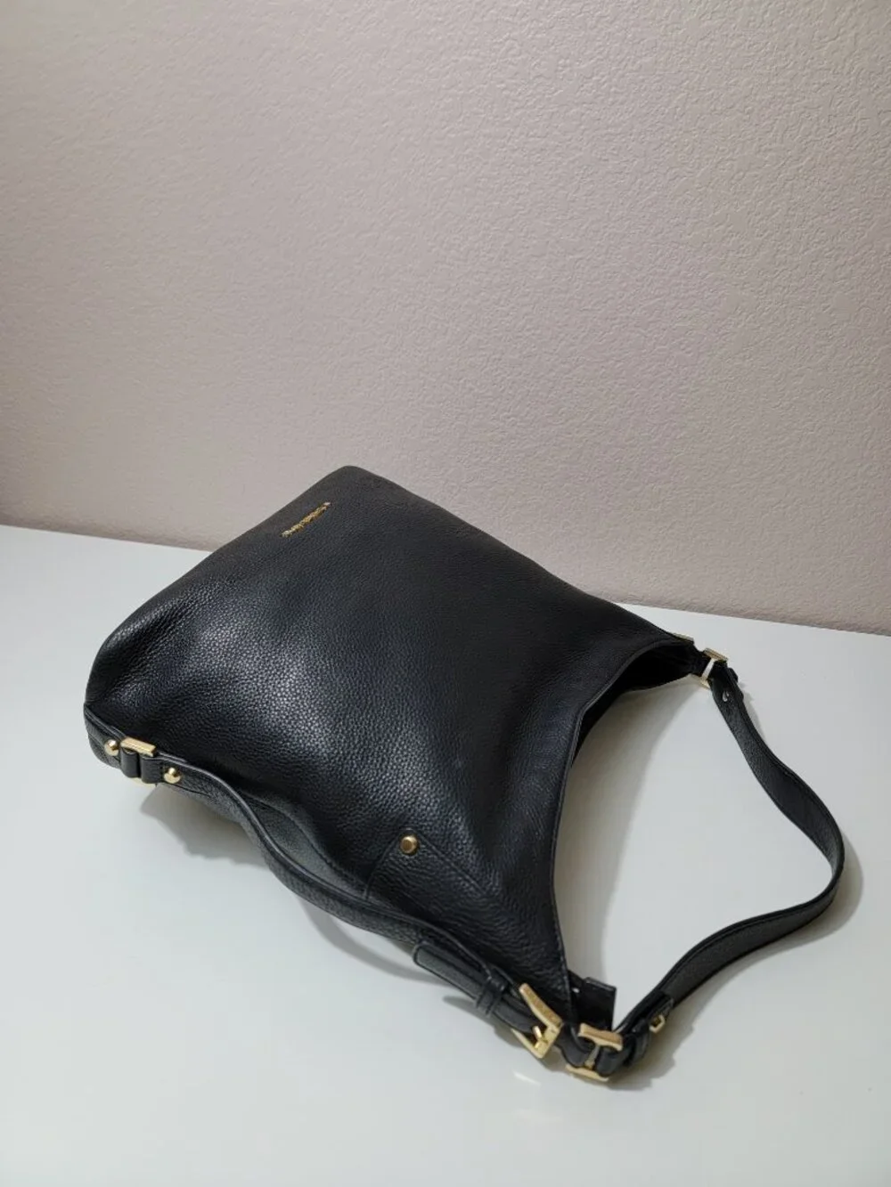 Michael Kors Bedford Large Black Pebbled Leather Hobo Shoulder Bag Gold Hardware